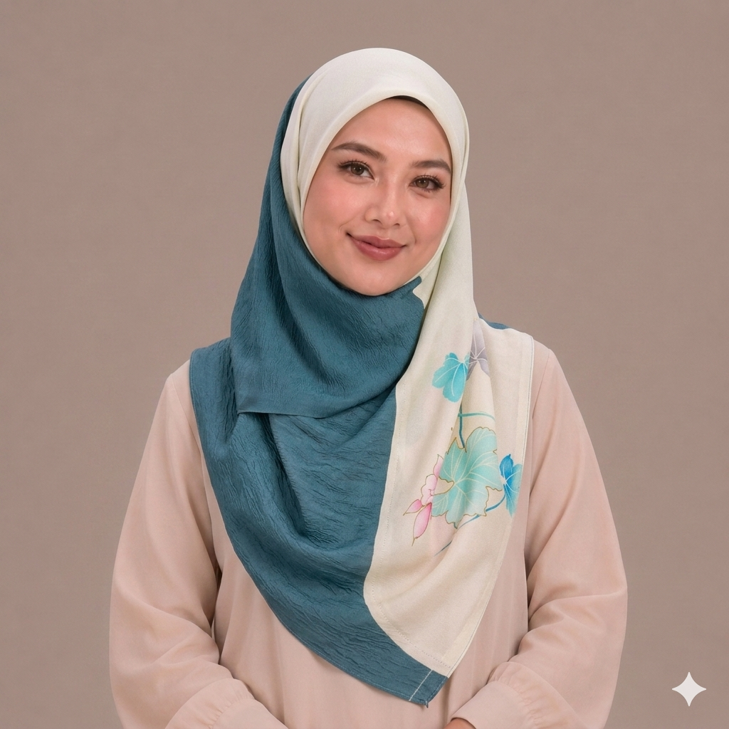 Turquoise and Cream Floral Silk Kimono x Hijab