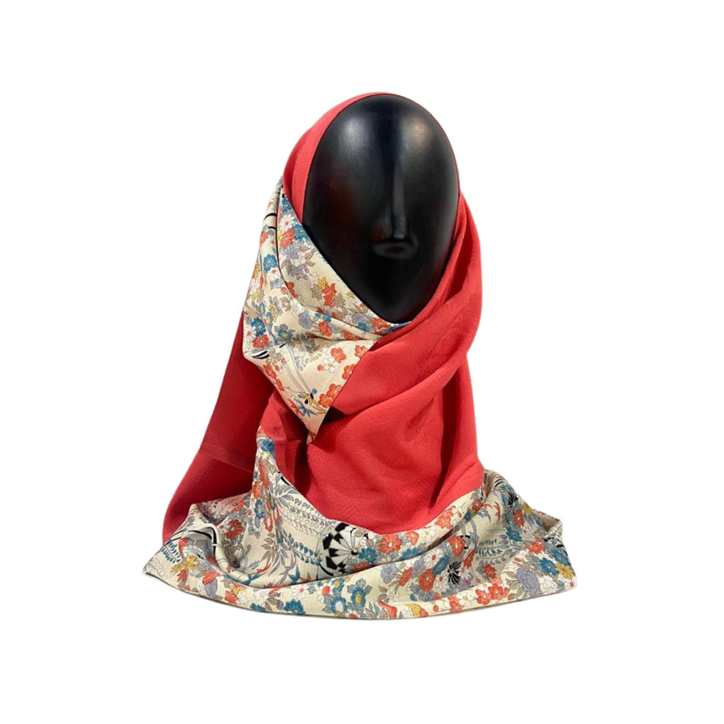 Japanese Floral Garden Hijab - Elegant Sakura ＆ Blossom Print in Red