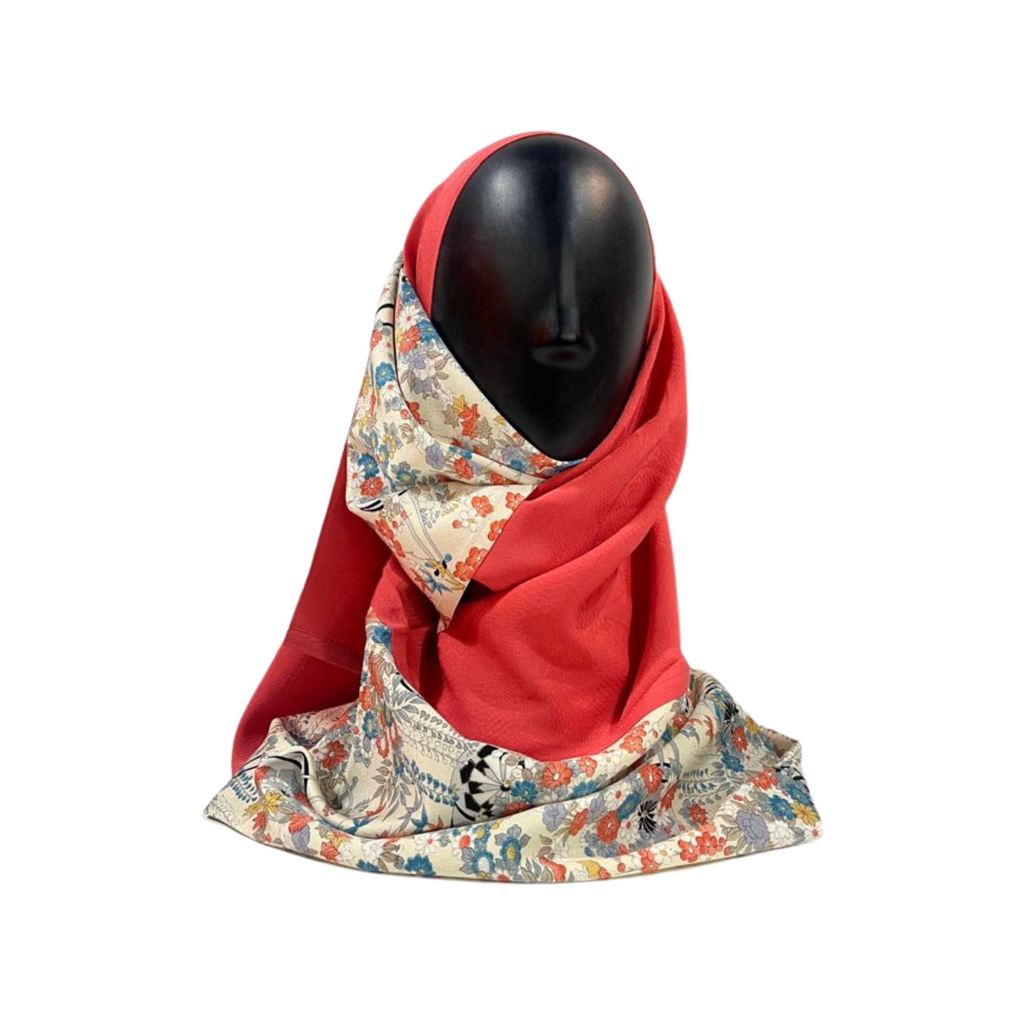 Japanese Floral Garden Hijab - Elegant Sakura ＆ Blossom Print in Red