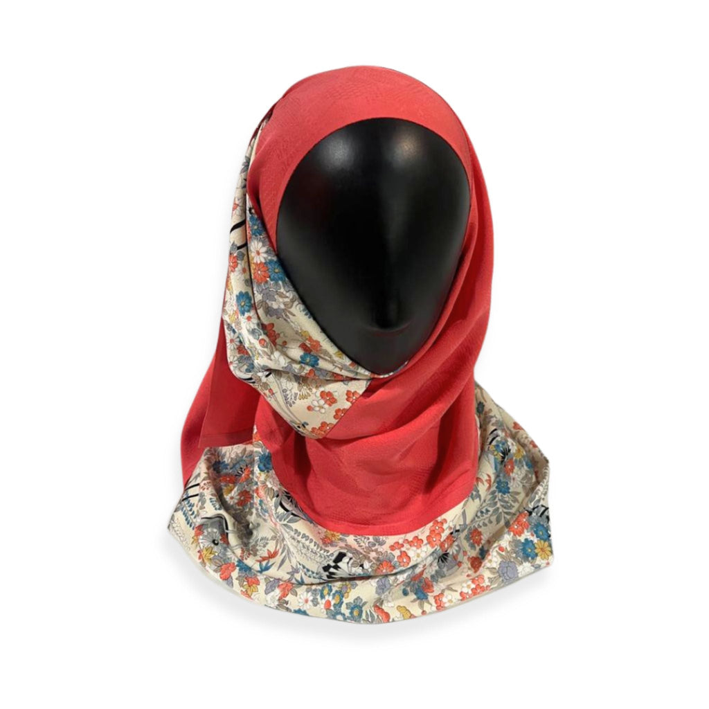 Japanese Floral Garden Hijab - Elegant Sakura ＆ Blossom Print in Red