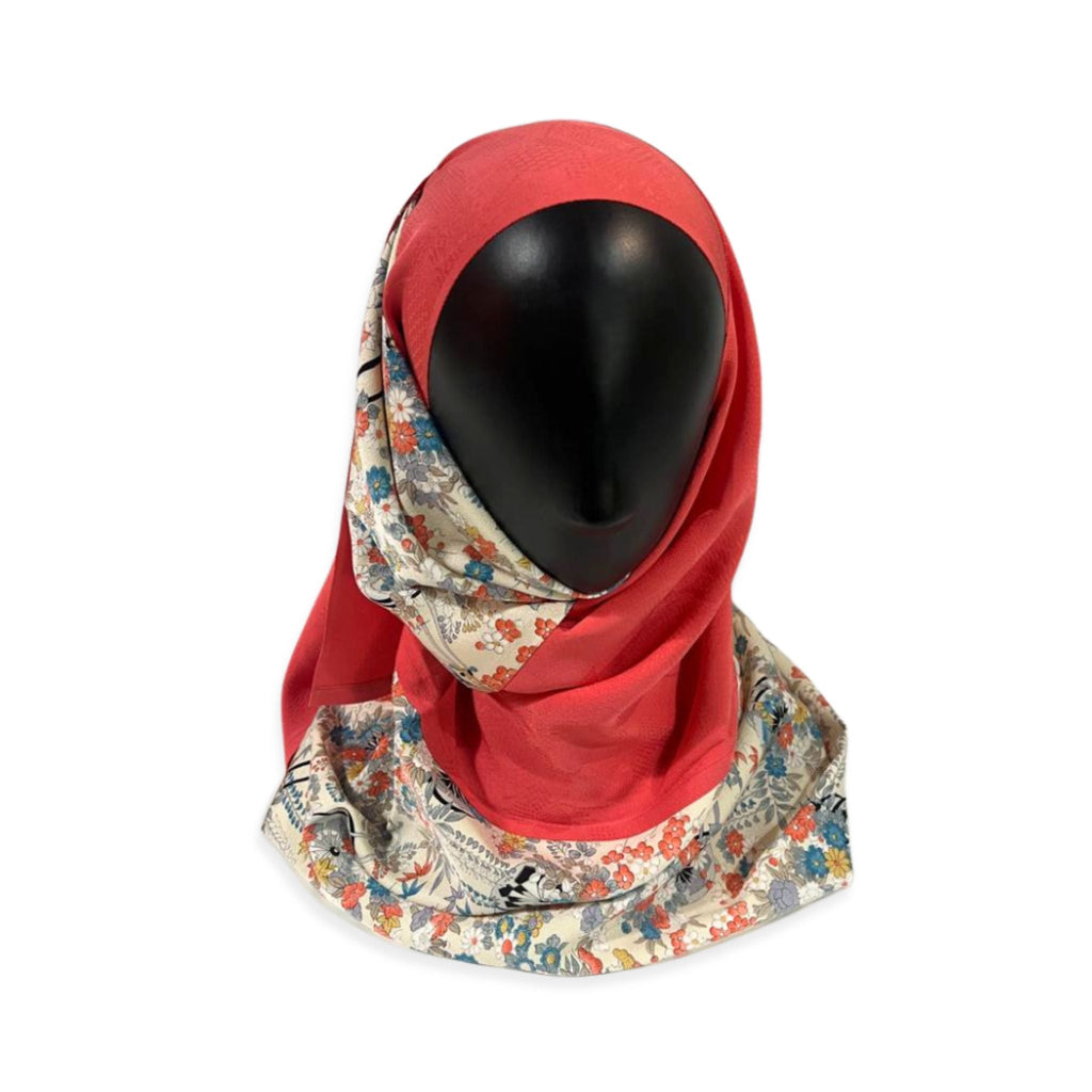 Japanese Floral Garden Hijab - Elegant Sakura ＆ Blossom Print in Red