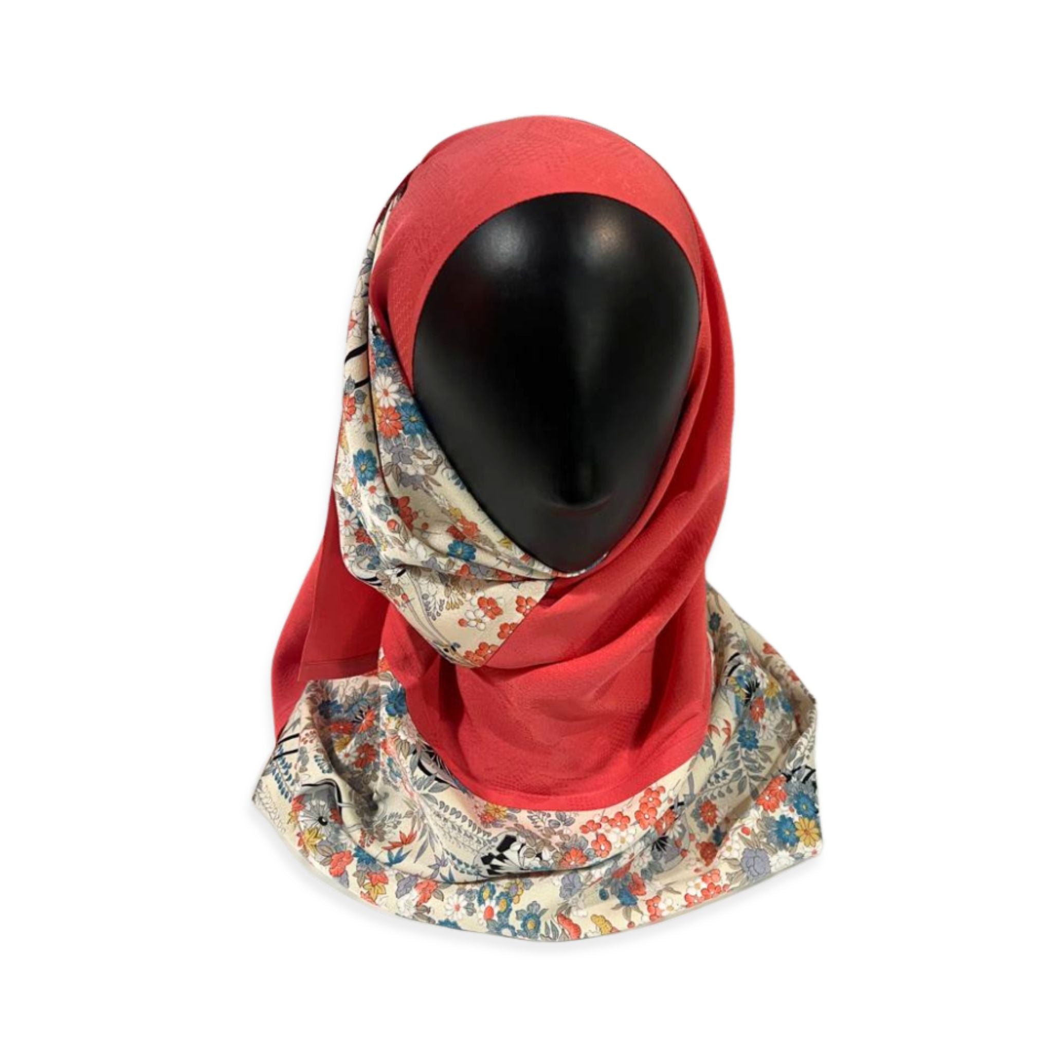 Japanese Floral Garden Hijab - Elegant Sakura ＆ Blossom Print in Red