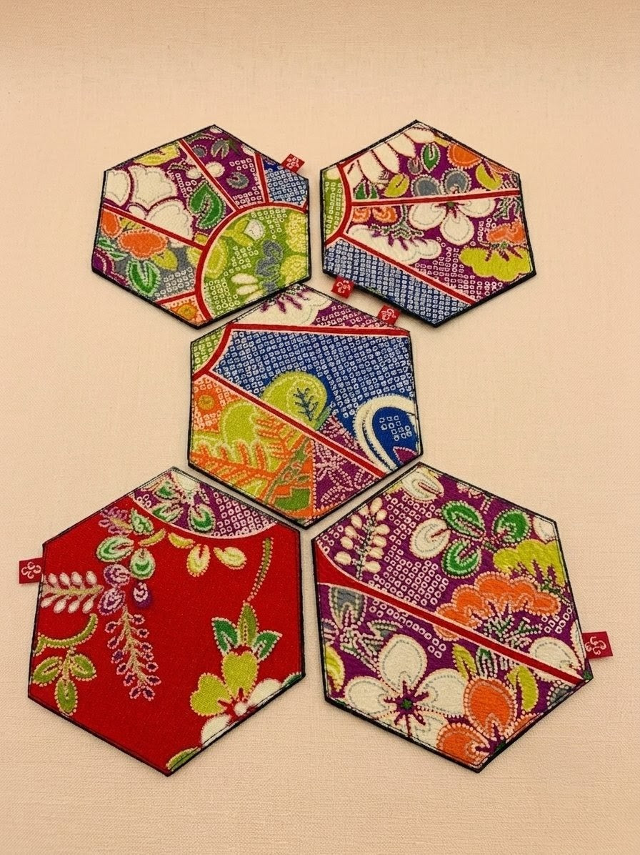 Hexagon Kimono Art Drink Coasters – Set of 5 (Housewarming Gift)