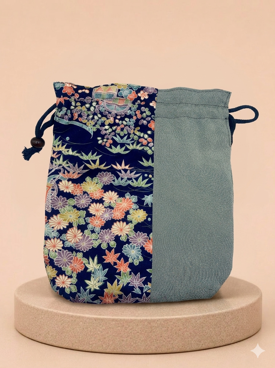 Blue Flower Mix Kimono x Pouch Bag