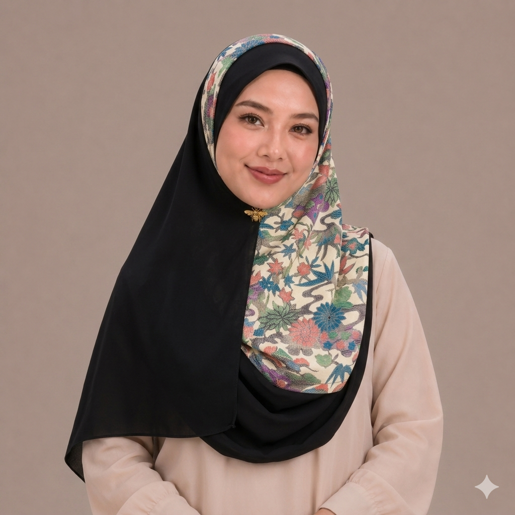 Black and Flower Themed Silk Kimono x Hijab