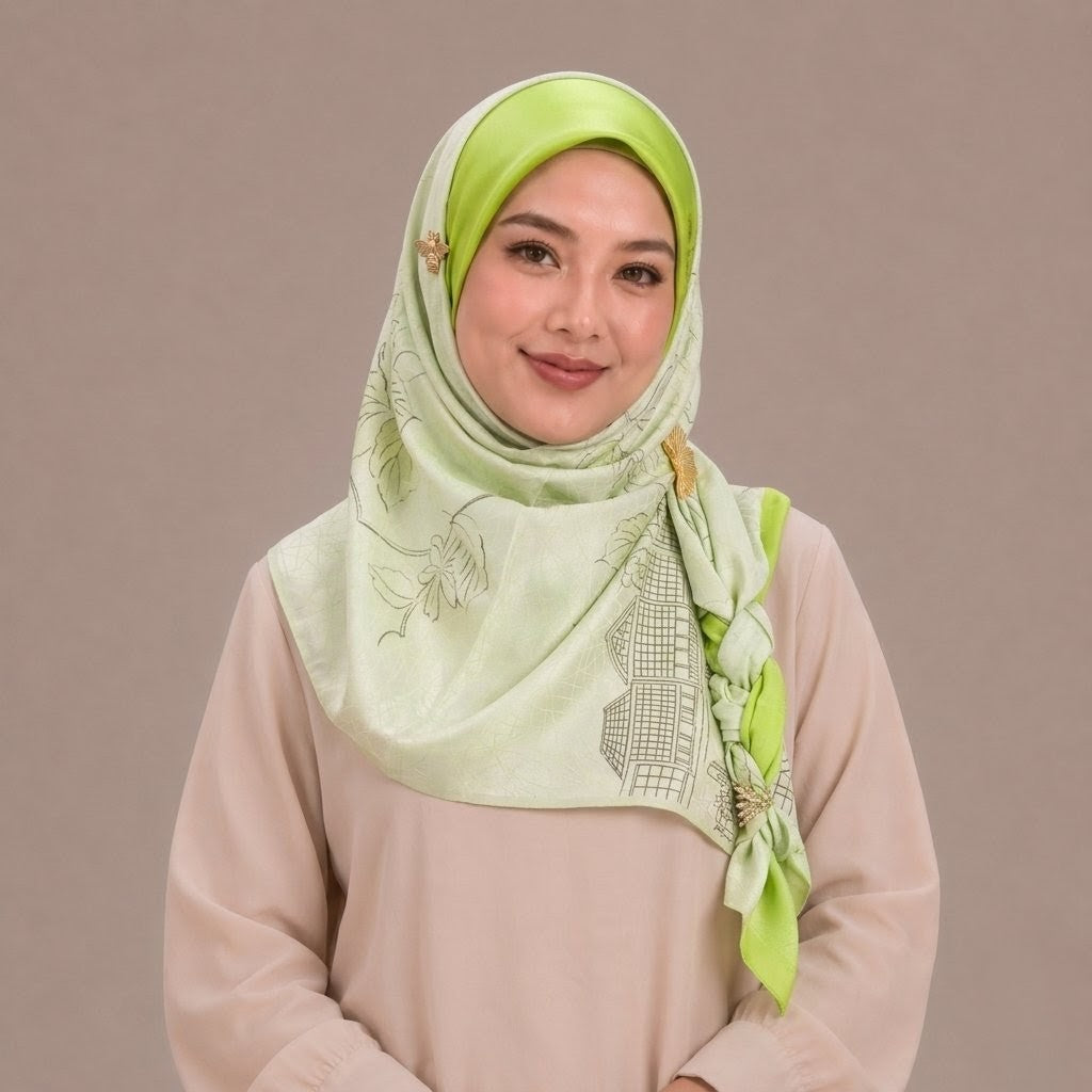 Lime Green Flower Inspired Silk Kimono x Hijab