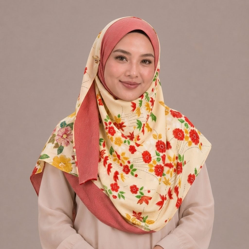 Peach and Red Floral Theme Silk Kimono x Hijab