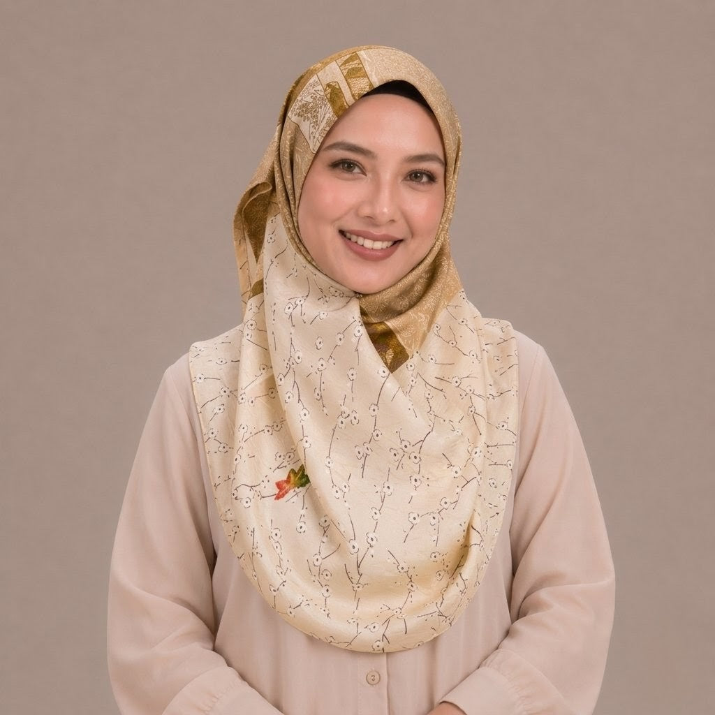 Beige Floral Woven Silk Kimono x Hijab