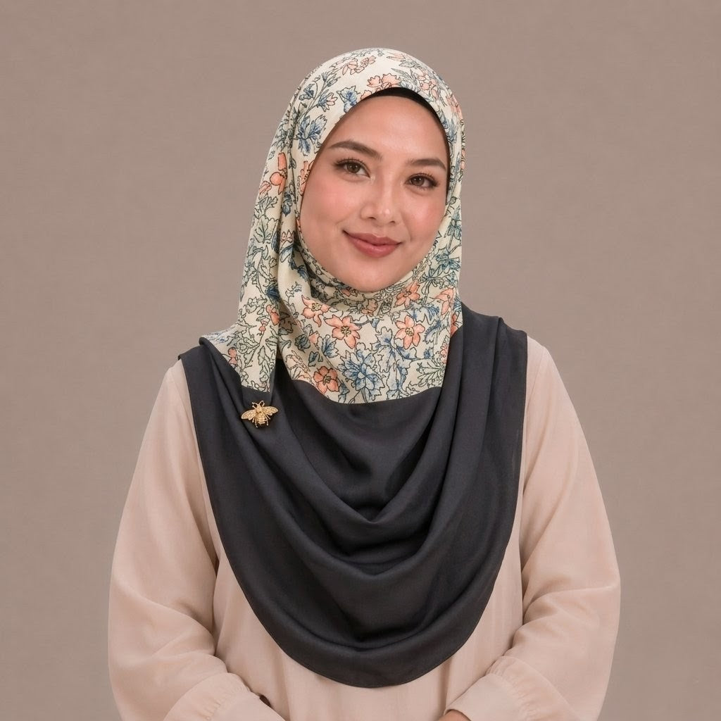 Black and Cream Floral Silk Kimono x Hijab