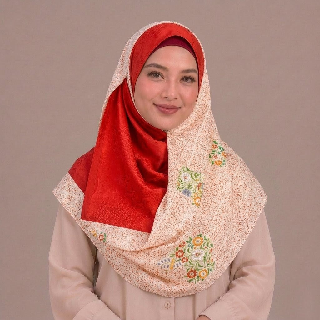 Red and Orange Geometric Floral Silk Kimono x Hijab