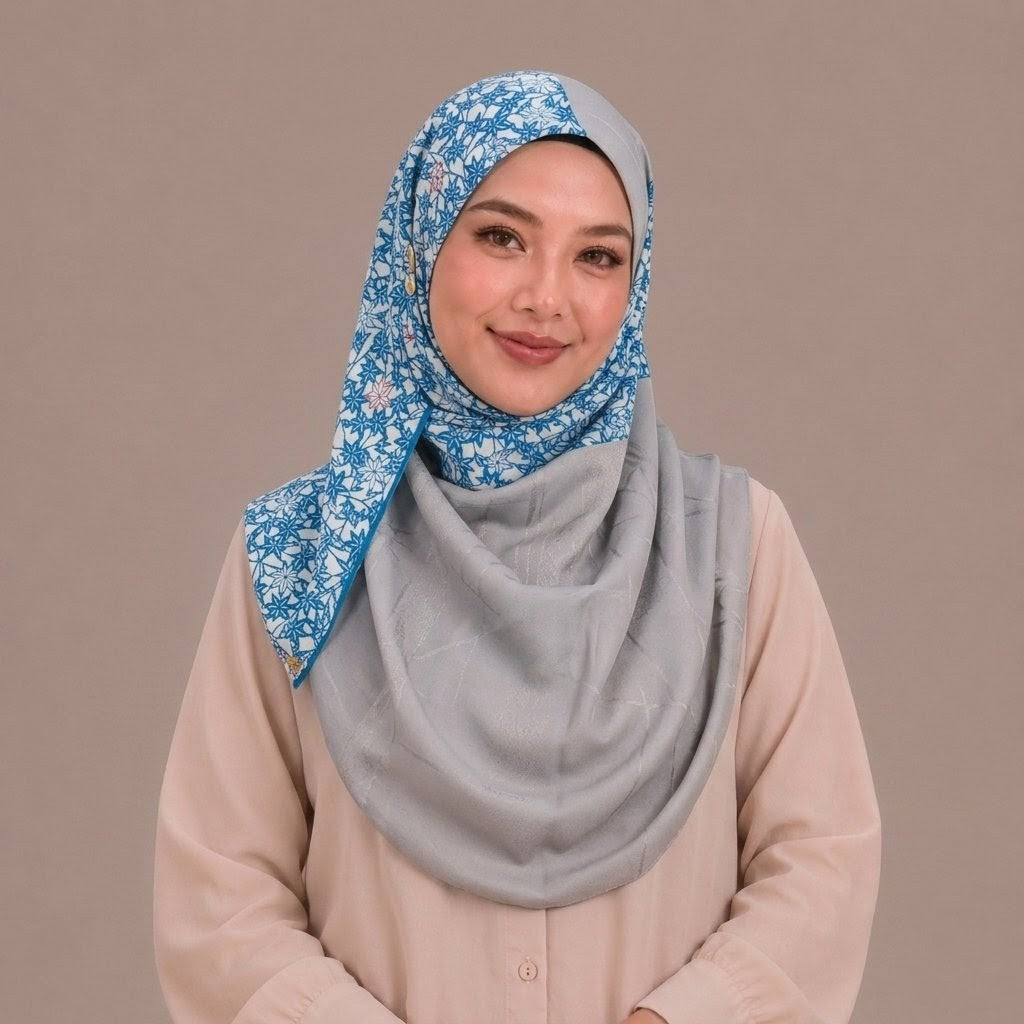 Blue and Grey Abstract Floral Silk Kimono x Hijab