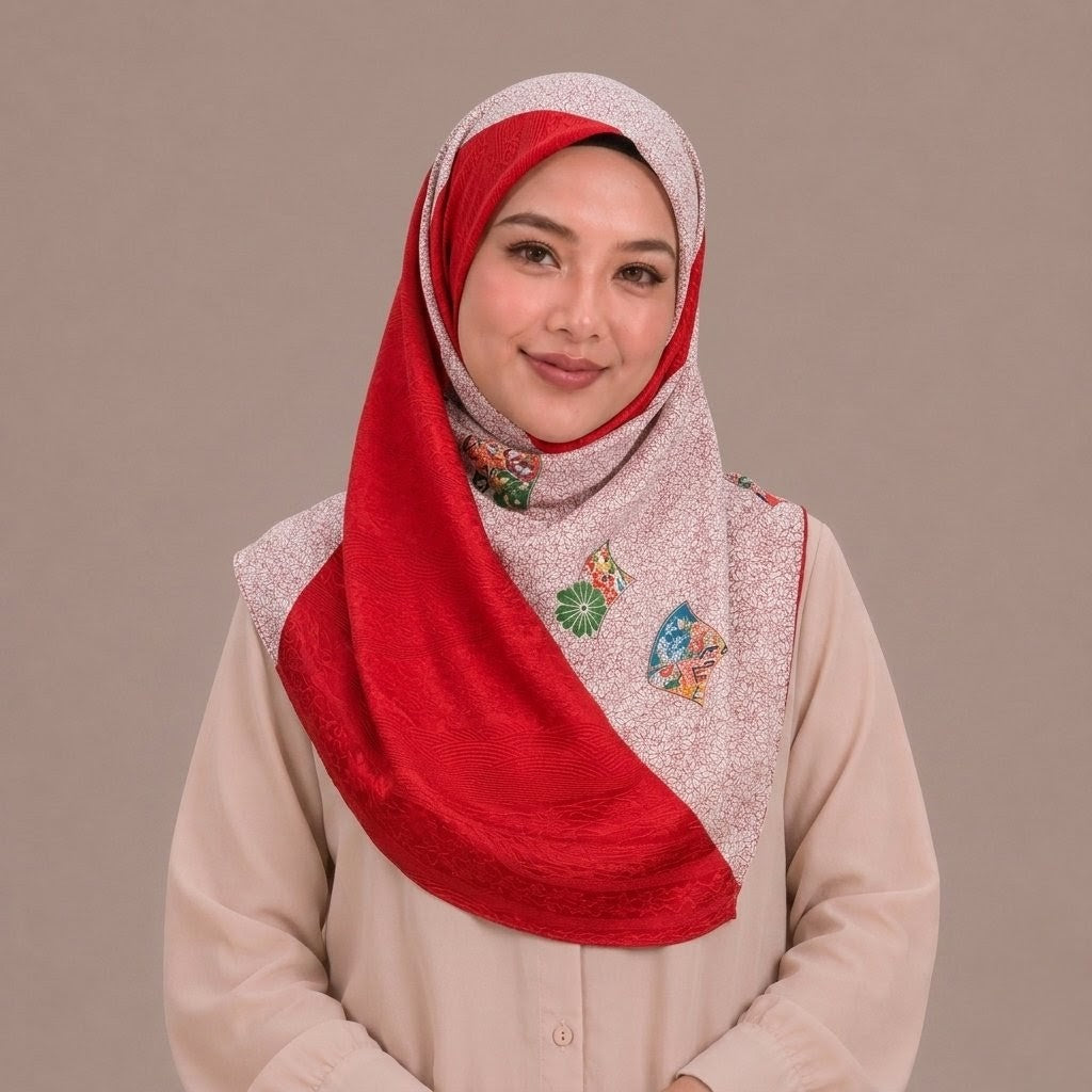 Red Geometric Japanese Fan Theme Silk Kimono x Hijab