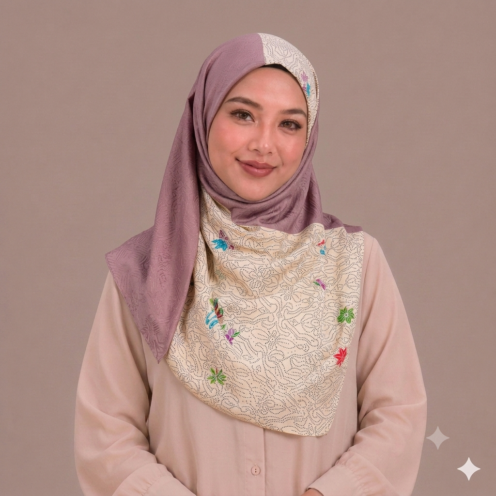 Beige Geometric Floral Theme Silk Kimono x Hijab