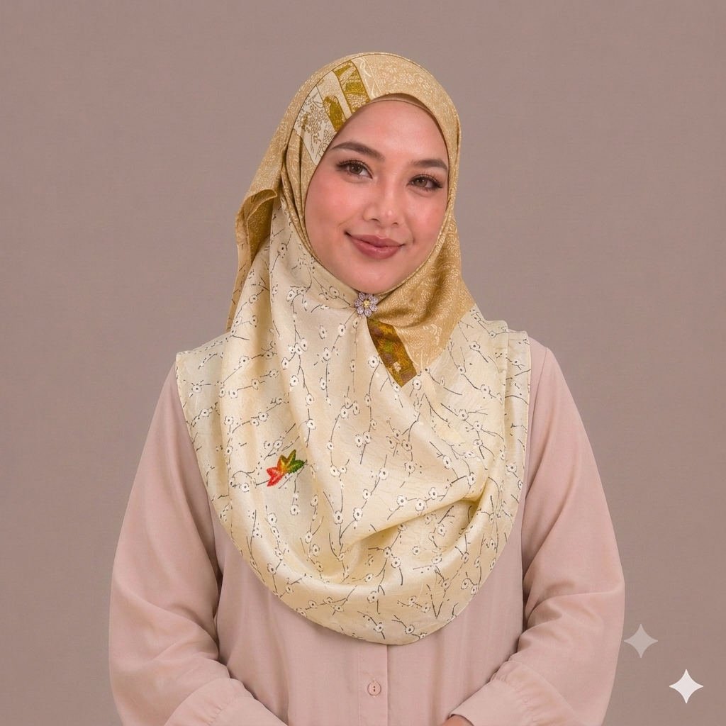 Beige Floral Woven Silk Kimono x Hijab