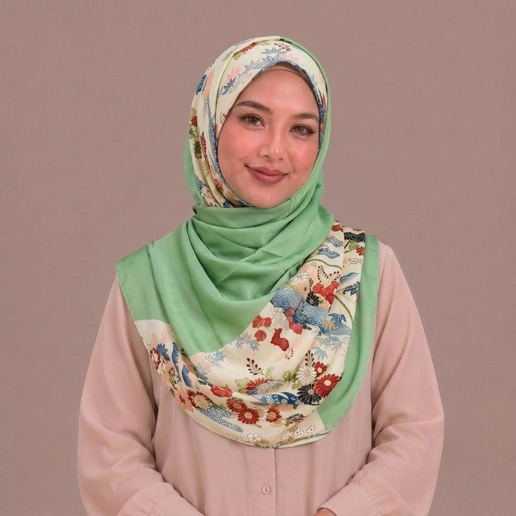 Lime Green and Cream Floral Silk Kimono x Hijab