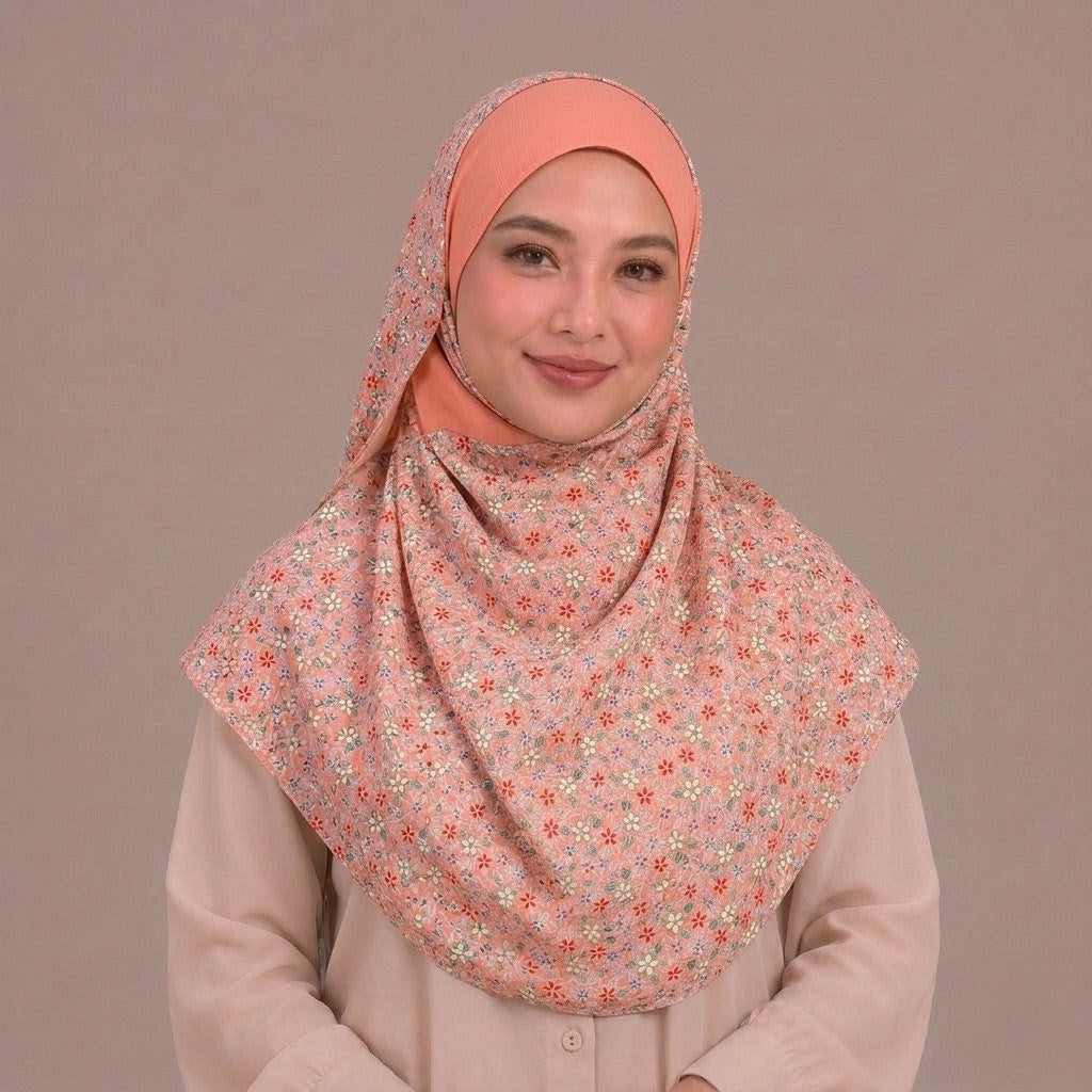 Peach Floral Theme Silk Kimono x Hijab