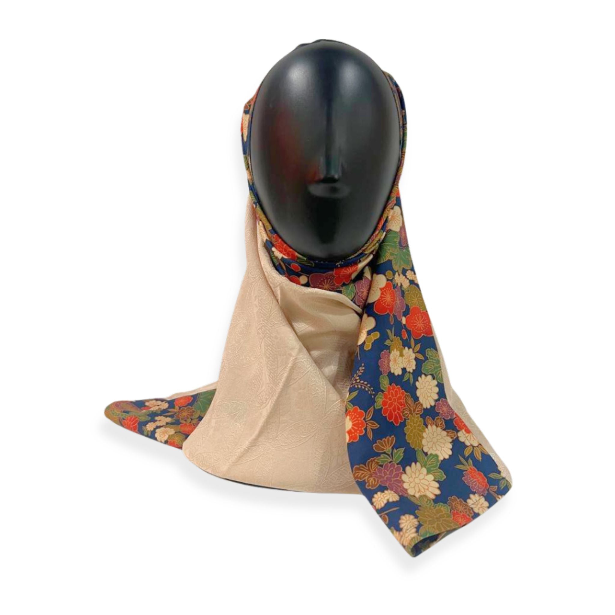 Navy & Champagne Floral Theme Silk Kimono x Hijab