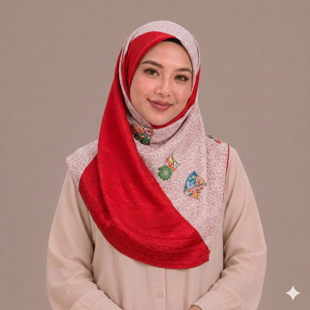 Red Geometric Japanese Fan Theme Silk Kimono x Hijab