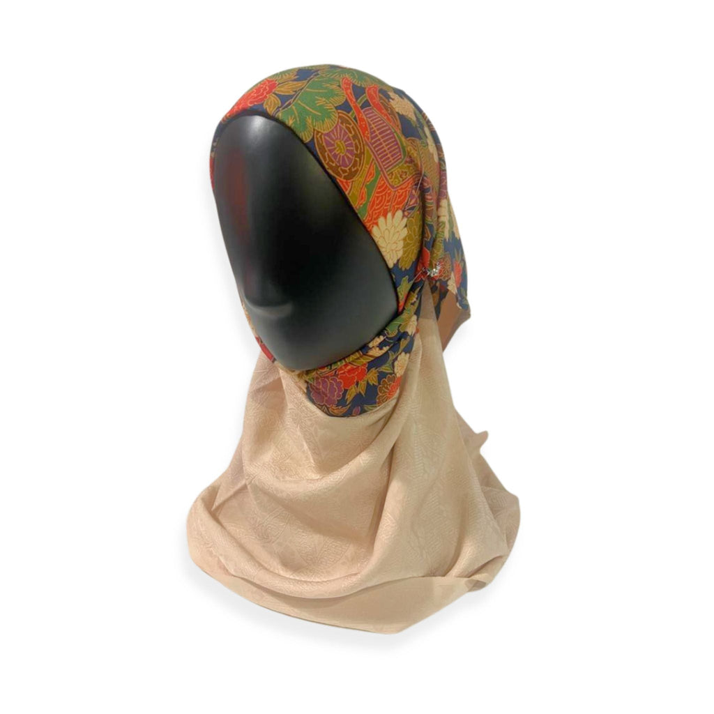 Navy & Champagne Floral Theme Silk Kimono x Hijab