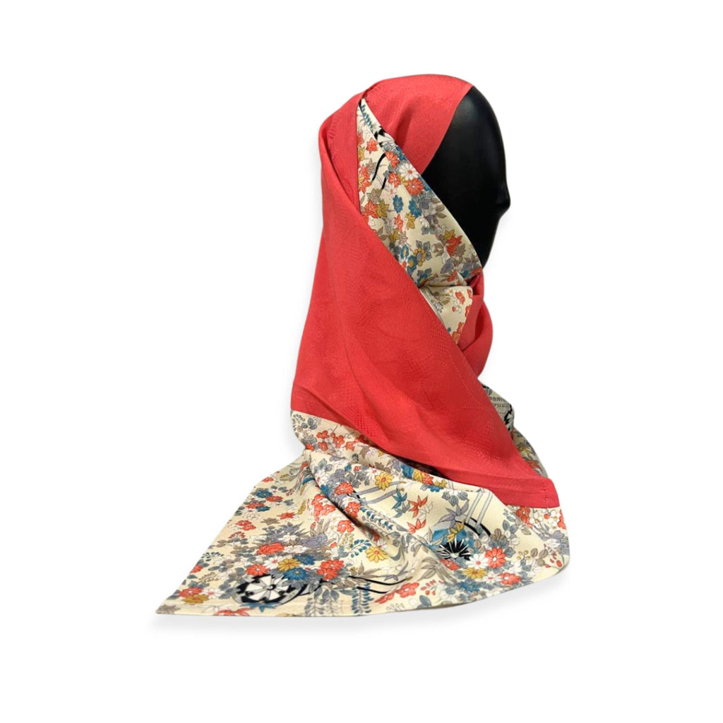 Japanese Floral Garden Hijab - Elegant Sakura ＆ Blossom Print in Red