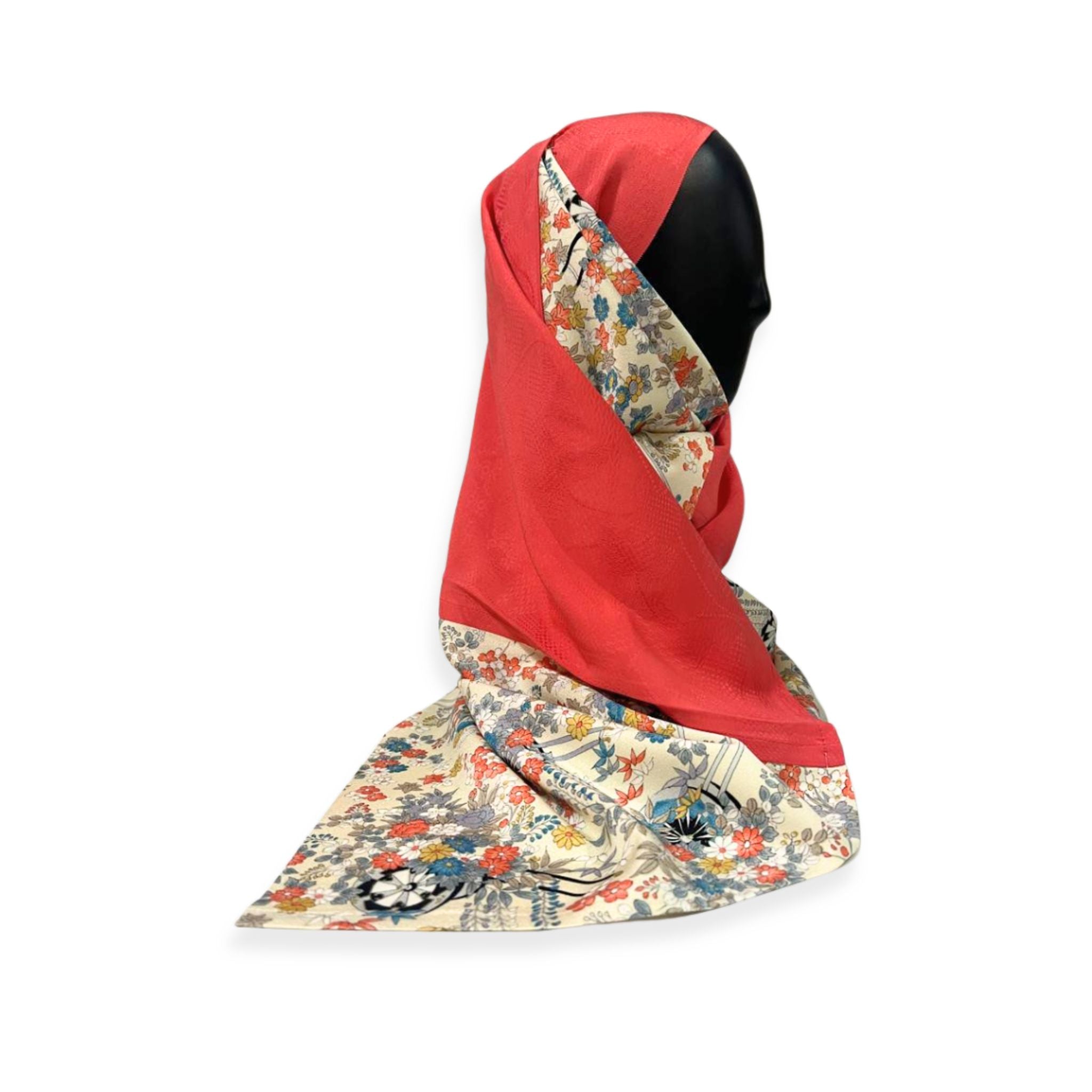 Japanese Floral Garden Hijab - Elegant Sakura ＆ Blossom Print in Red