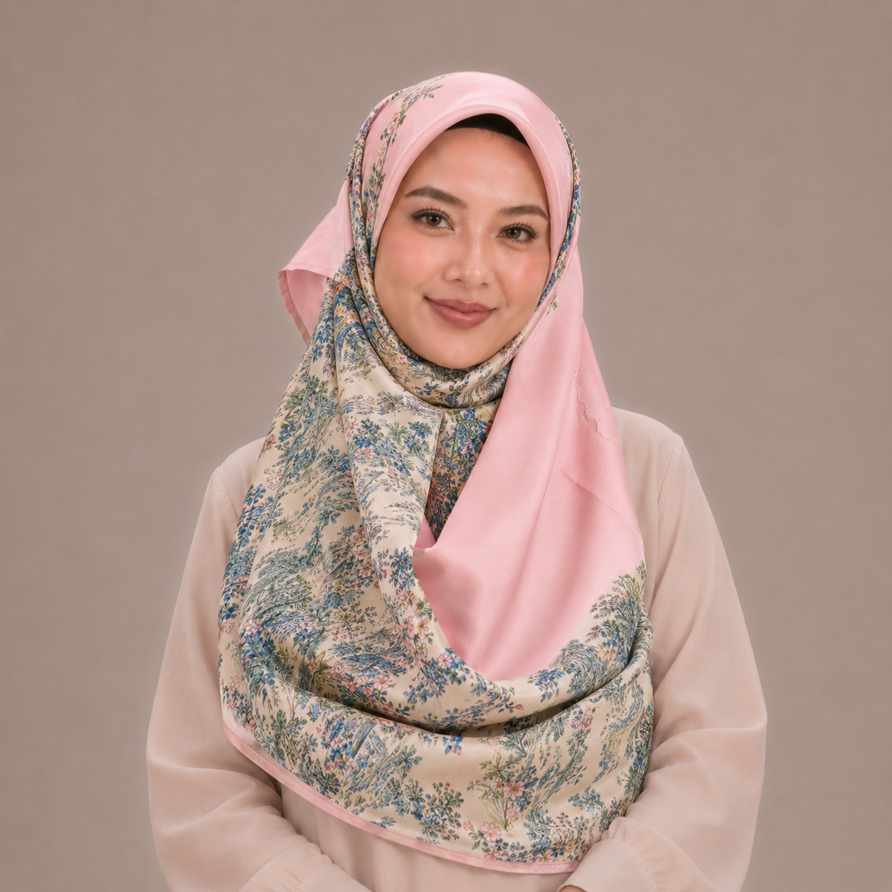 Beige and Pink Landscape Inspired Silk Kimono x Hijab