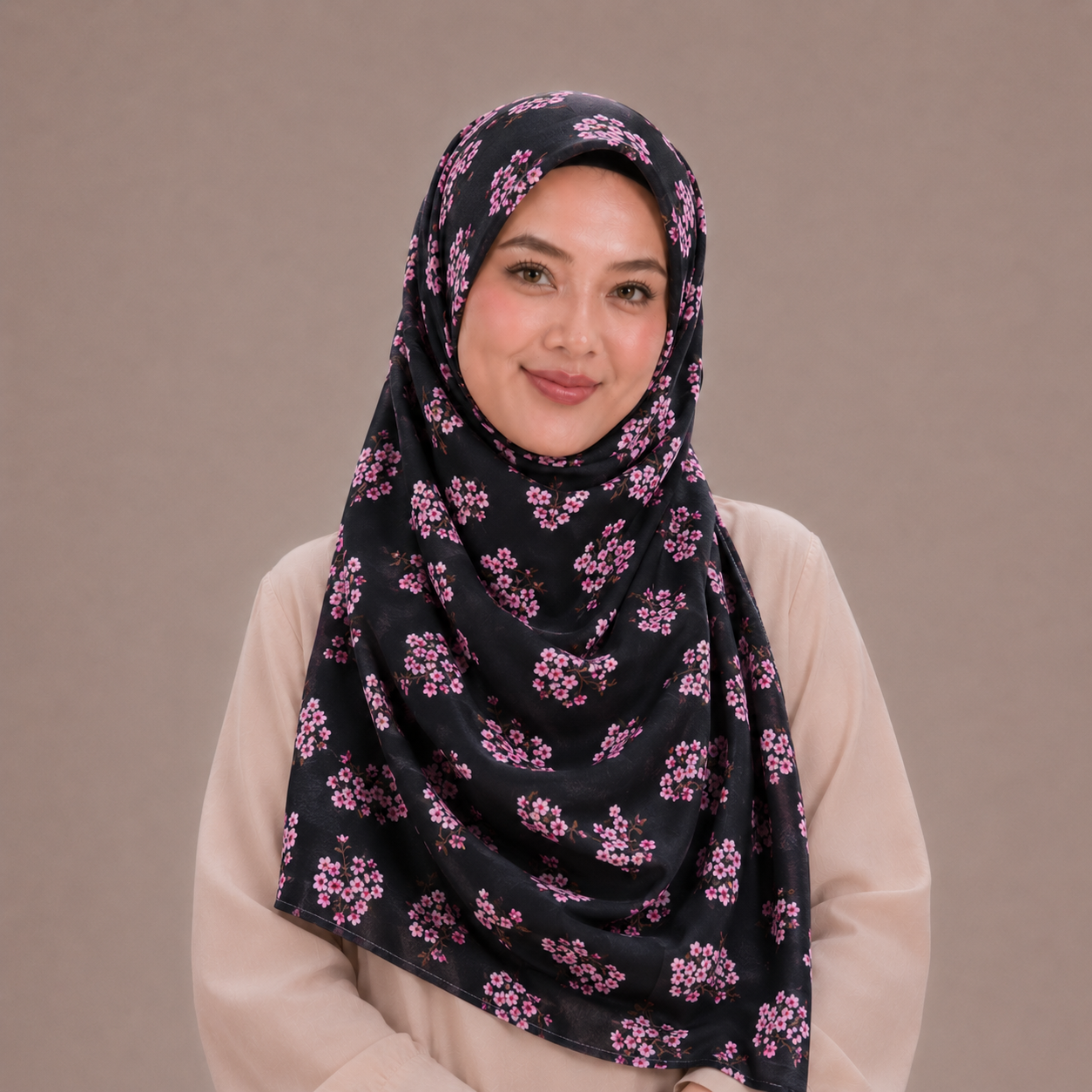 Black and Pink Floral Inspired Silk Kimono x Hijab