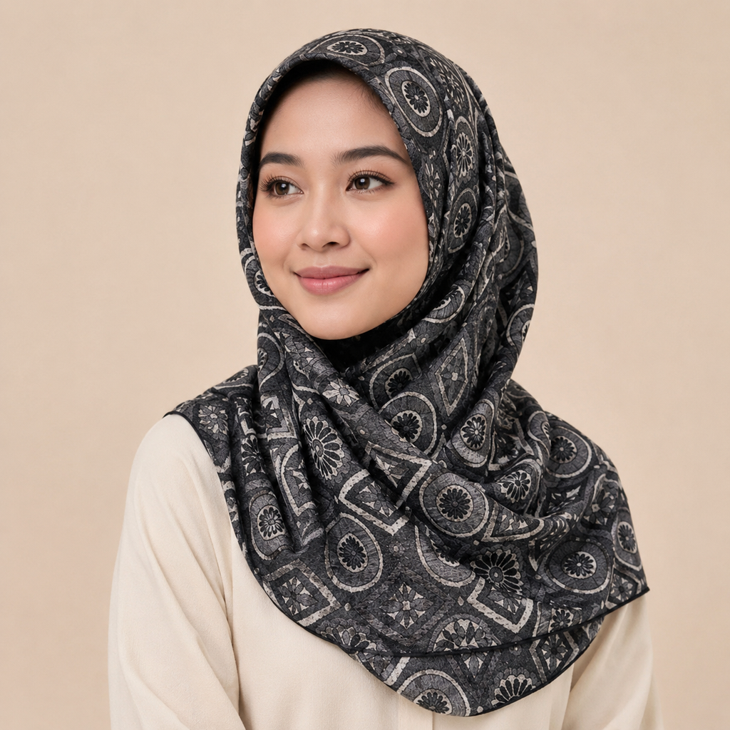 Black and White Geometric Motive Silk Kimono x Hijab