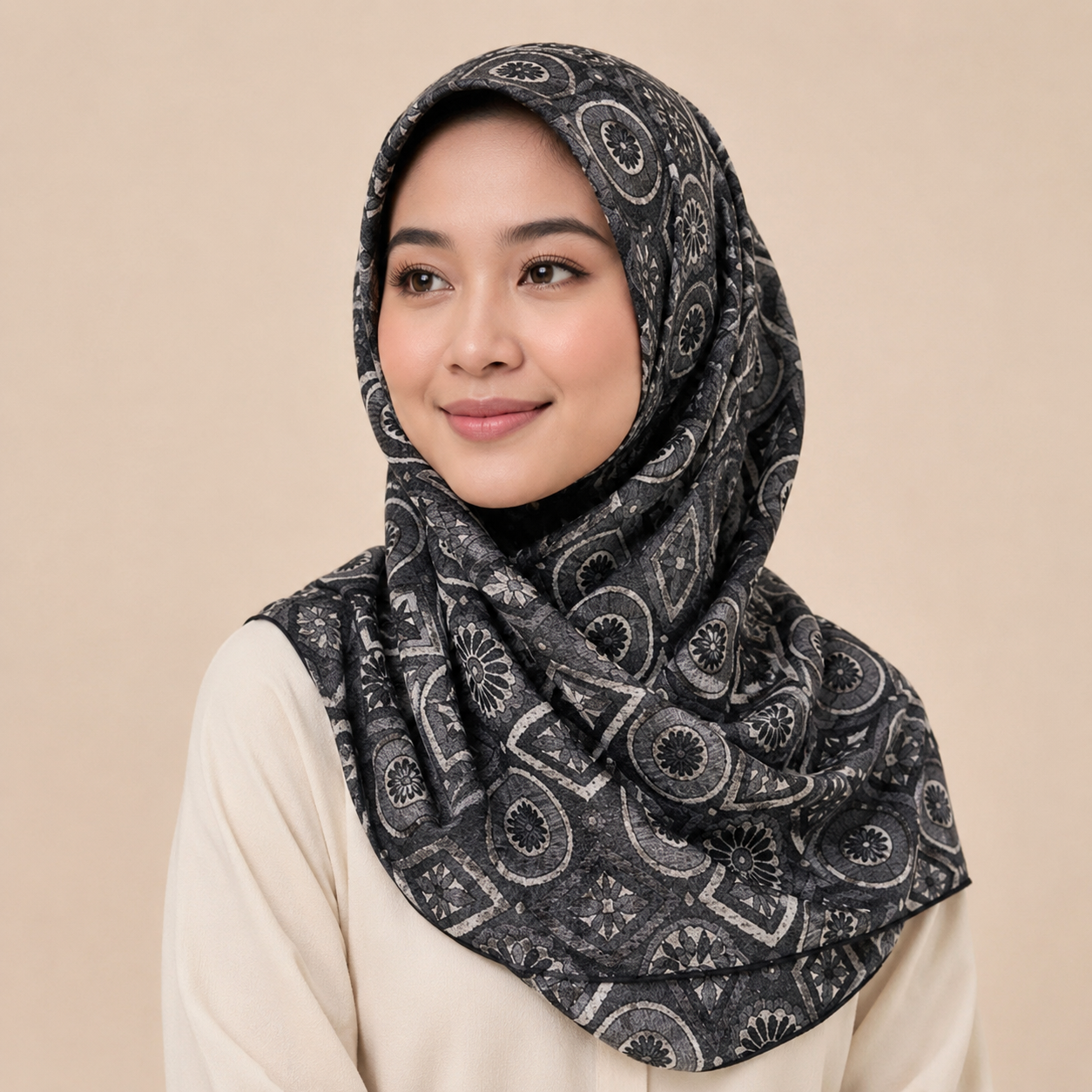 Black and White Geometric Motive Silk Kimono x Hijab