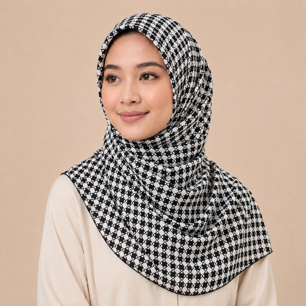 Black and White Square Pattern Silk Kimono x Hijab