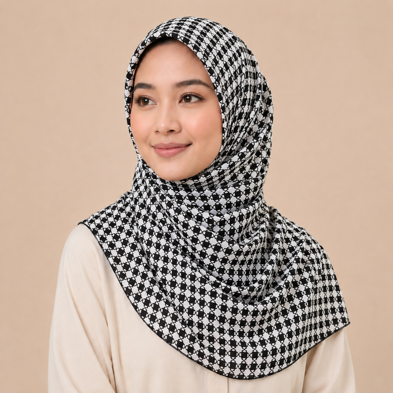 Black and White Square Pattern Silk Kimono x Hijab