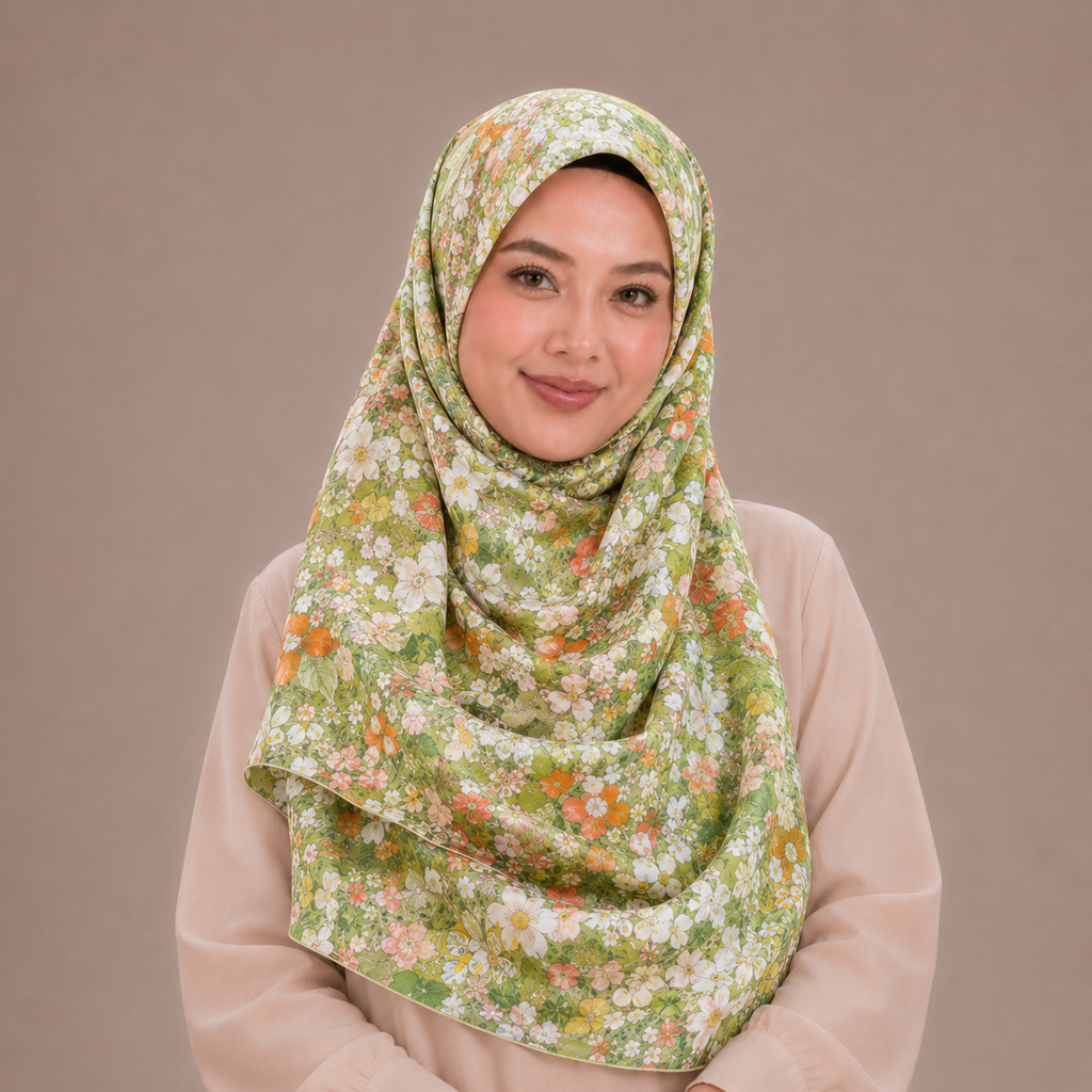 Green Floral Art Silk Kimono x Hijab