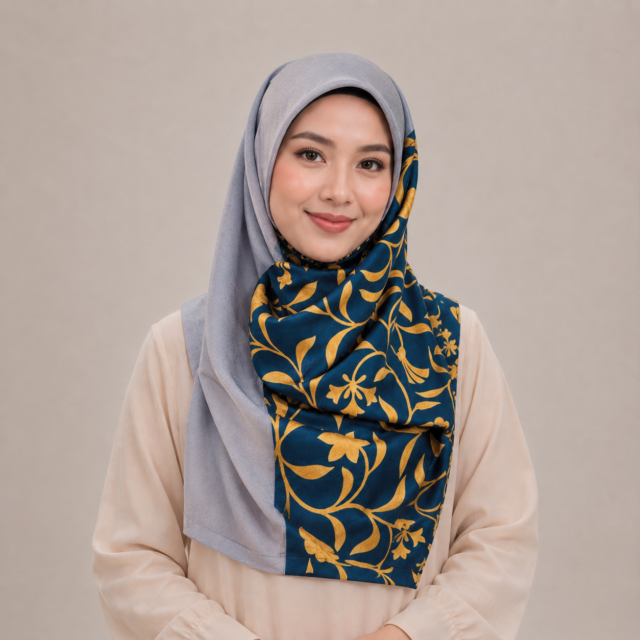 Grey and Blue Abstract Floral Silk Kimono x Hijab