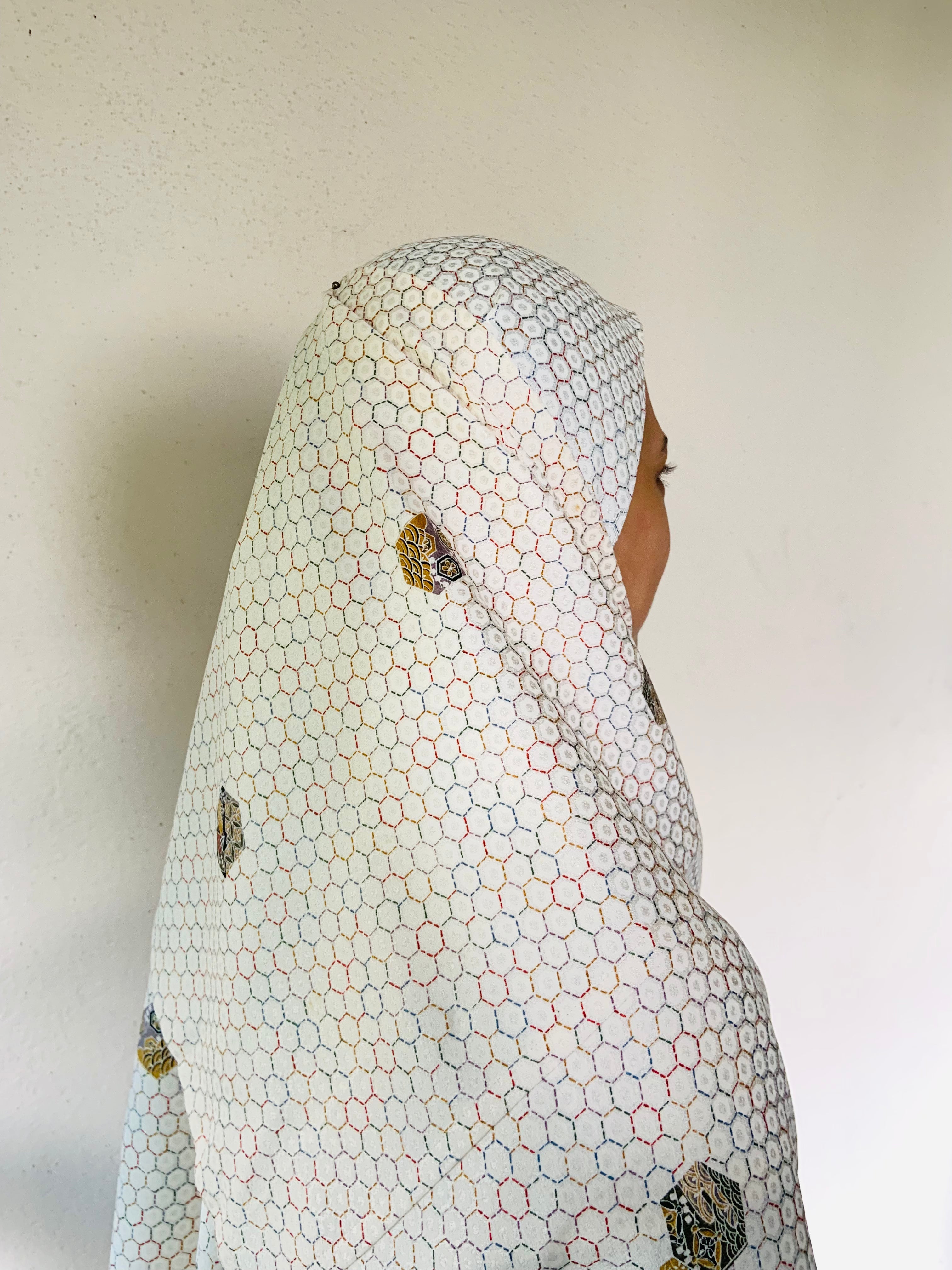 White Geometry Silk Kimono x Hijab