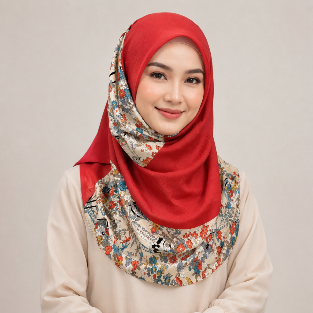 Japanese Floral Garden Hijab - Elegant Sakura ＆ Blossom Print in Red