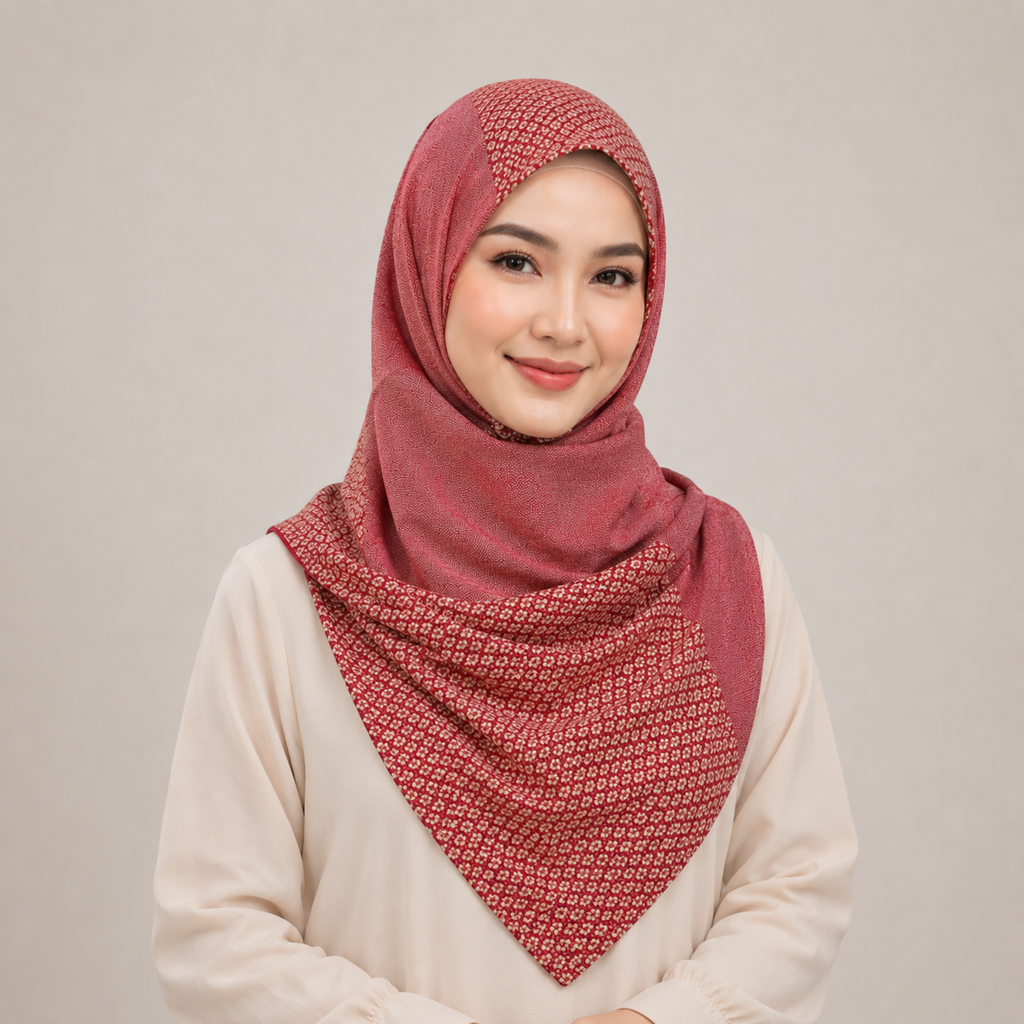 Japanese Pattern Print Hijab - Traditional Wagara Design in Red