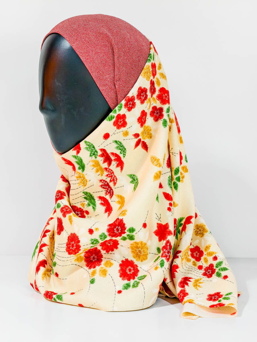 Peach and Red Floral Theme Silk Kimono x Hijab