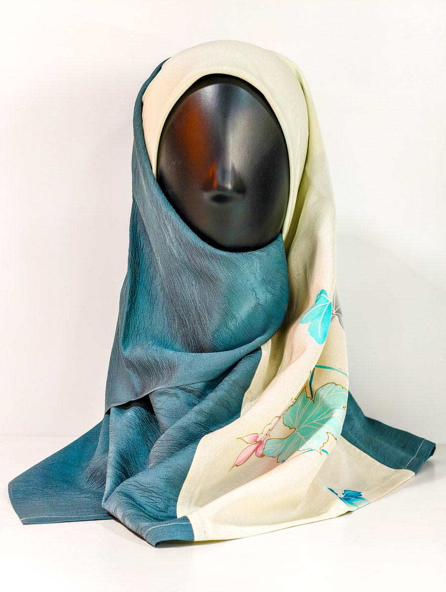Turquoise and Cream Floral Silk Kimono x Hijab