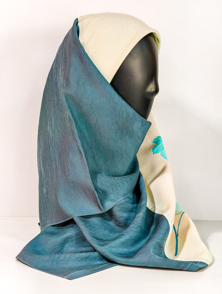 Turquoise and Cream Floral Silk Kimono x Hijab