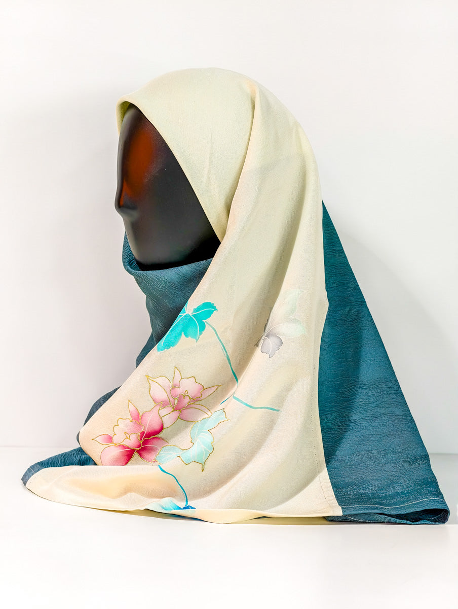 Turquoise and Cream Floral Silk Kimono x Hijab