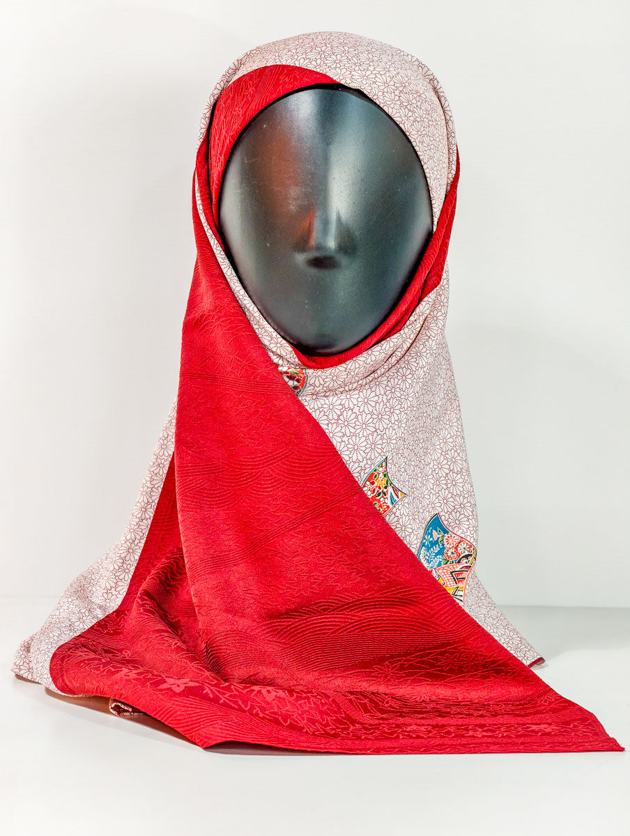 Red Geometric Japanese Fan Theme Silk Kimono x Hijab