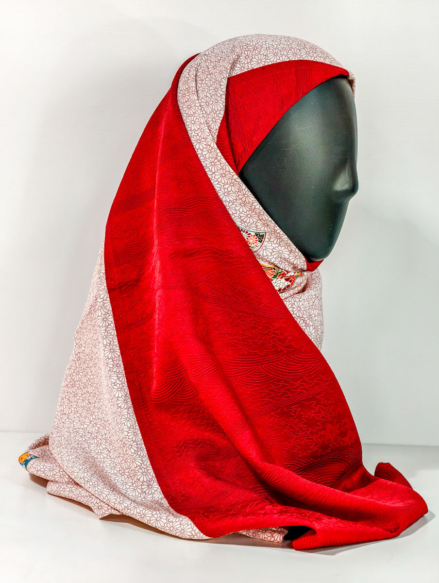 Red Geometric Japanese Fan Theme Silk Kimono x Hijab