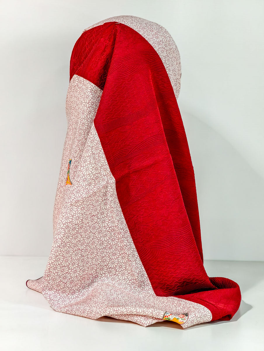Red Geometric Japanese Fan Theme Silk Kimono x Hijab