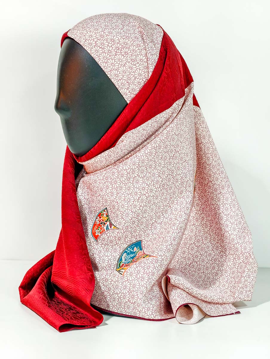 Red Geometric Japanese Fan Theme Silk Kimono x Hijab