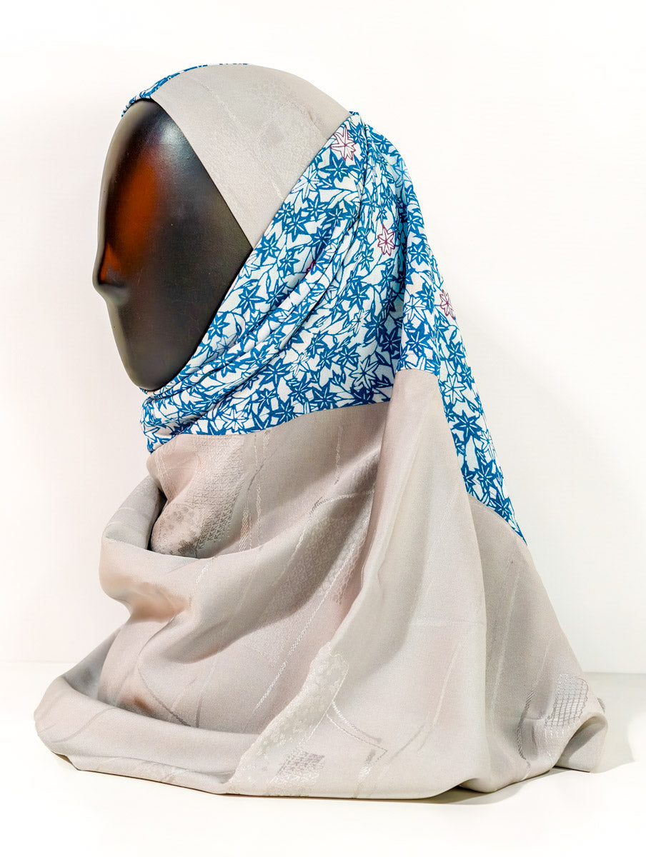 Blue and Grey Abstract Floral Silk Kimono x Hijab
