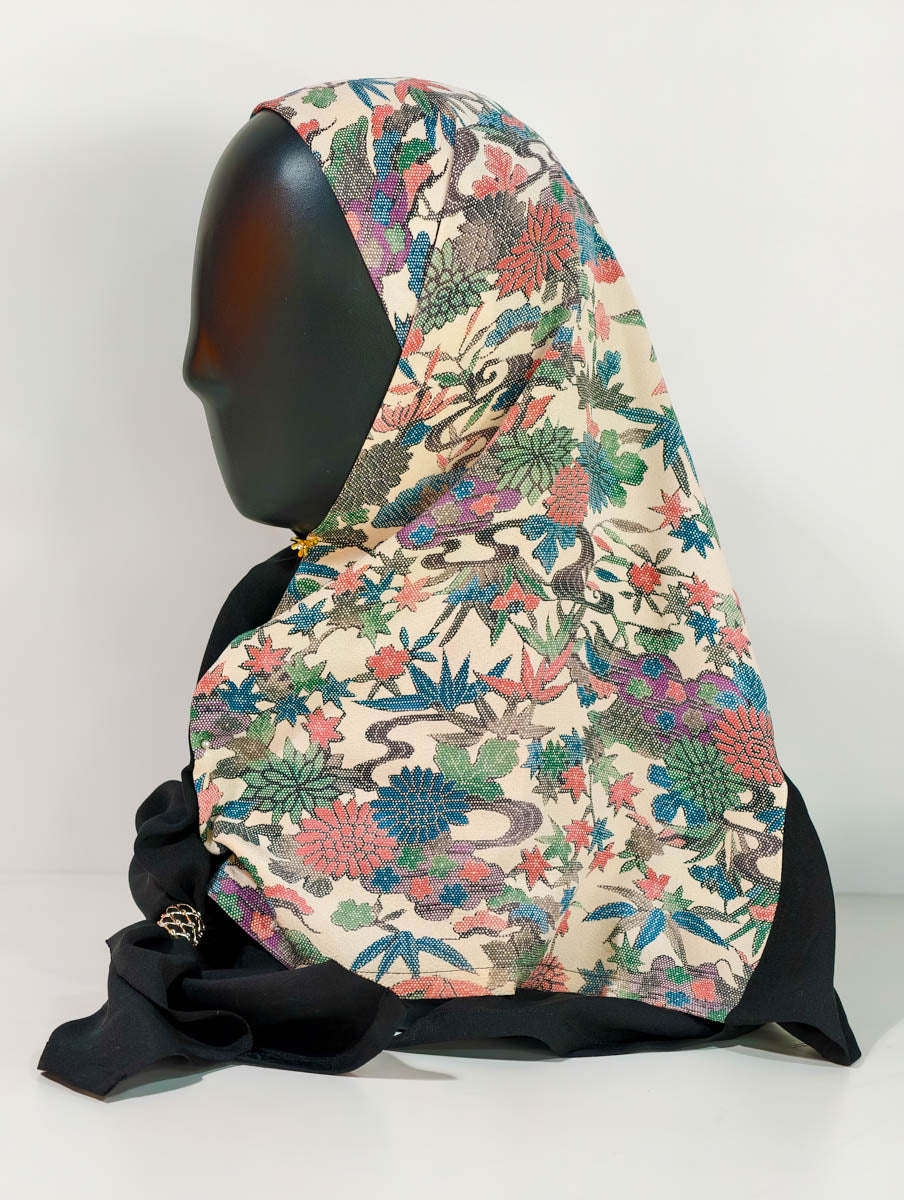 Black and Flower Themed Silk Kimono x Hijab