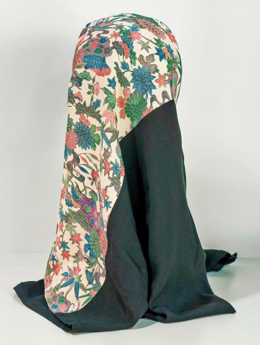 Black and Flower Themed Silk Kimono x Hijab
