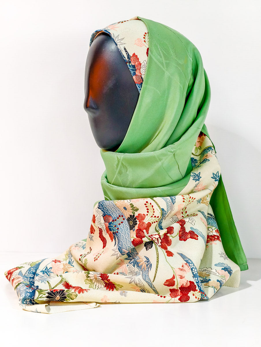 Lime Green and Cream Floral Silk Kimono x Hijab