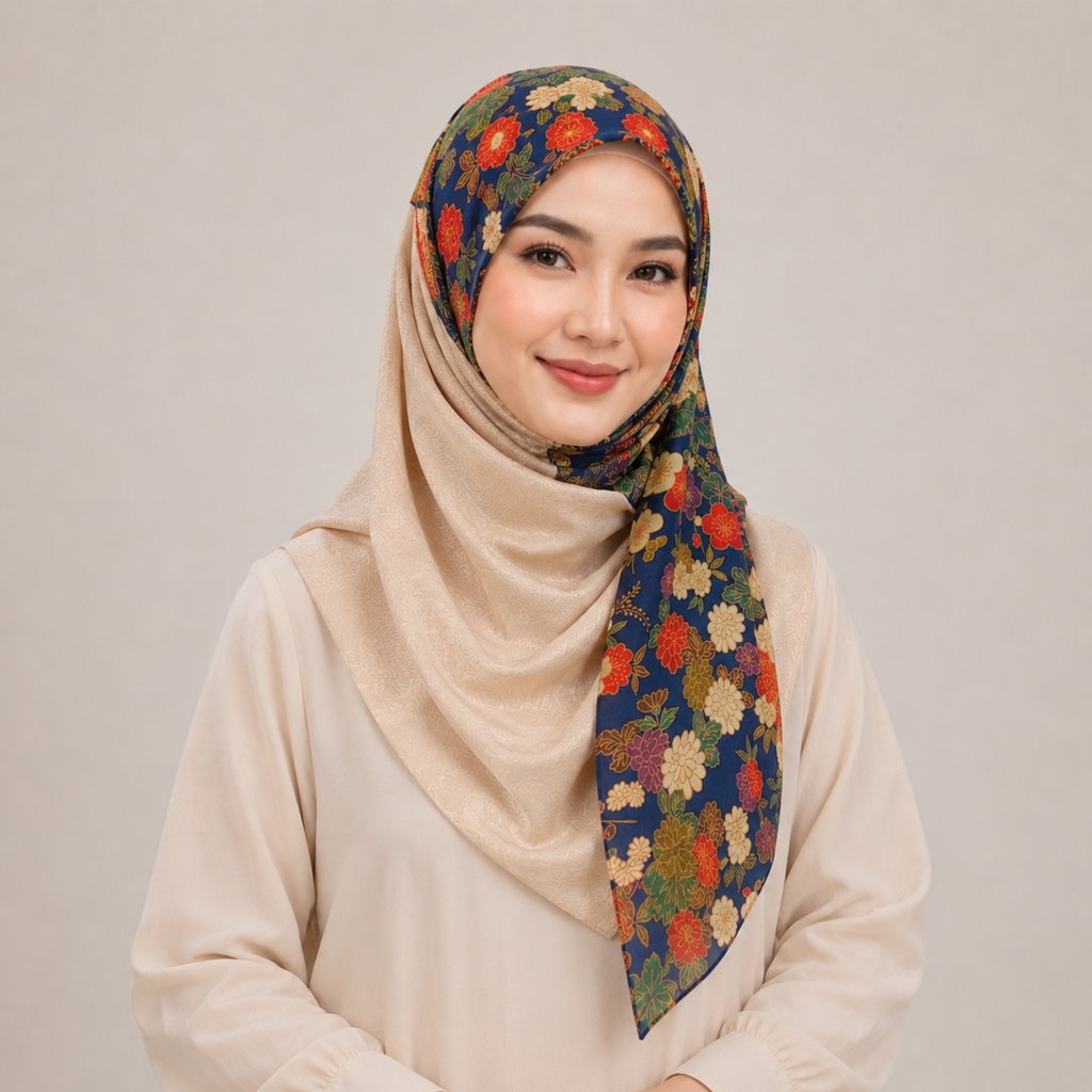Navy & Champagne Floral Theme Silk Kimono x Hijab