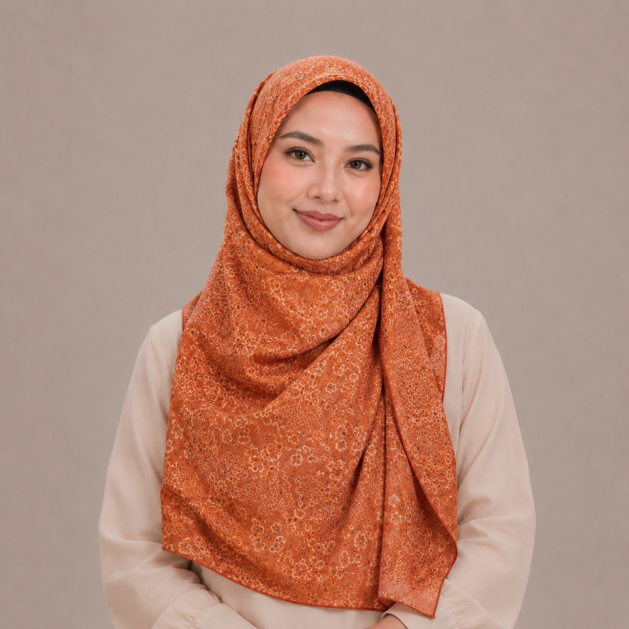 Orange Flower Pattern Silk Kimono x Hijab